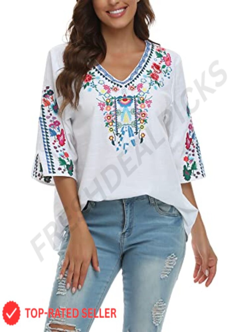 Mexican Boho Floral Embroidered Tunic Top V-Neck 3/4 Sleeve Peasant Blouse